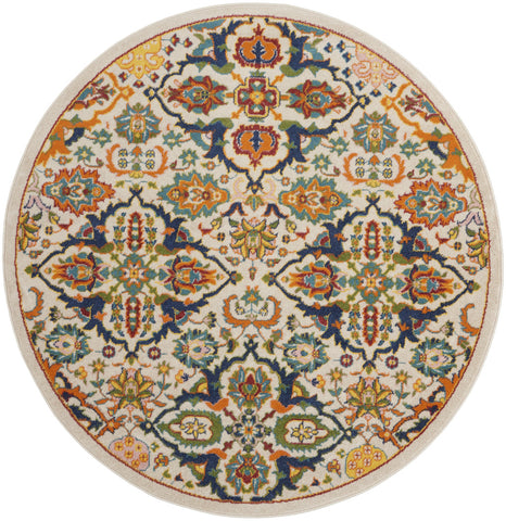 5' Ivory and Blue Round Floral Power Loom Area Rug