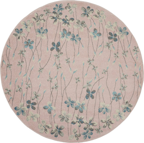 5' Pink Gray and Blue Botanical Leaves Round Rug