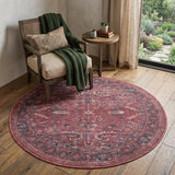 5' Red Round Floral Power Loom Distressed Area Rug