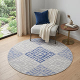 5' Ivory and Blue Abstract Geometric Distressed Round Rug