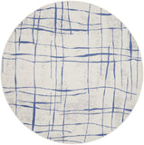 5' Ivory and Blue Abstract Geometric Distressed Round Rug