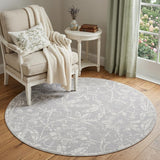 5' Ivory and Blue Damask Distressed Round Rug
