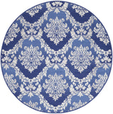 5' Ivory and Blue Damask Distressed Round Rug