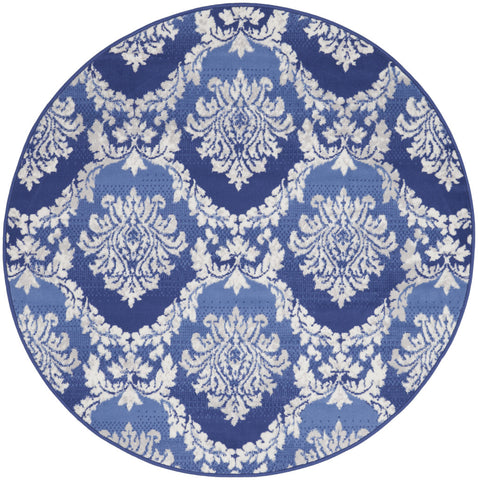 5' Ivory and Blue Damask Distressed Round Rug
