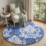 5' Navy Blue and Ivory Damask Distressed Round Rug