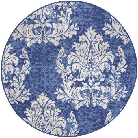 5' Navy Blue and Ivory Damask Distressed Round Rug