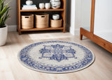 5' Ivory and Blue Floral Round Rug