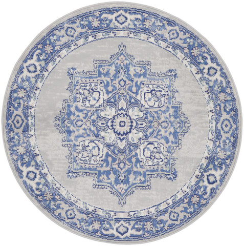 5' Ivory Blue and Gray Floral Round Rug