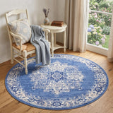 5' Ivory Navy Blue and Beige Floral Medallion Round Rug