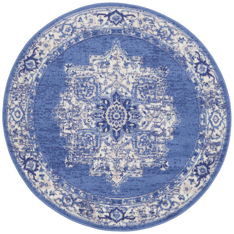 5' Ivory Navy Blue and Beige Floral Medallion Round Rug