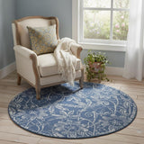 5' Blue And Ivory Floral Distressed Round Rug
