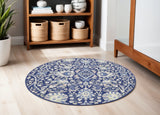 5' Navy Blue Ivory and Beige Floral Round Rug