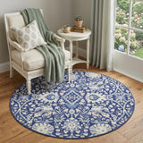 5' Navy Blue Ivory and Beige Floral Round Rug