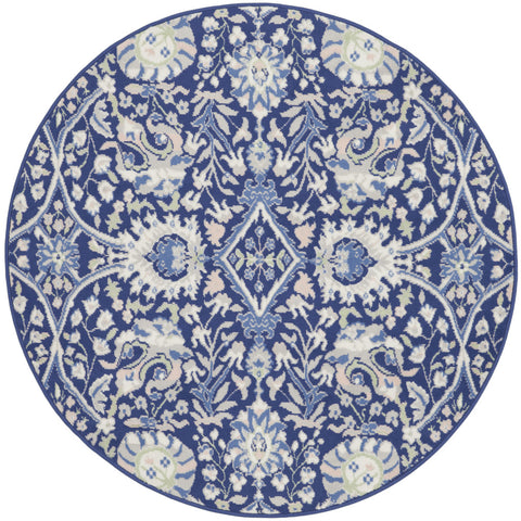 5' Navy Blue Ivory and Beige Floral Round Rug