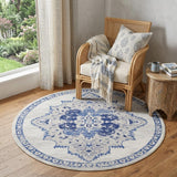 5' Ivory and Blue Floral Medallion Round Rug