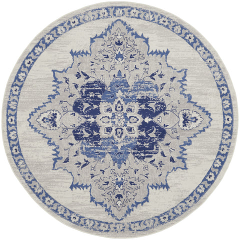 5' Ivory and Blue Floral Medallion Round Rug