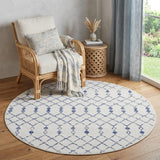 5' Ivory and Blue Geometric Round Rug