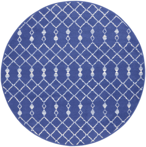 5' Navy Blue and Ivory Geometric Round Rug