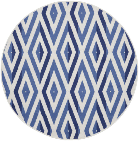 5' Ivory and Blue Geometric Round Rug