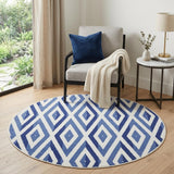 5' Ivory and Blue Geometric Round Rug