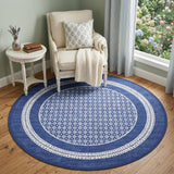 5' Ivory and Navy Blue Geometric Distressed Round Rug