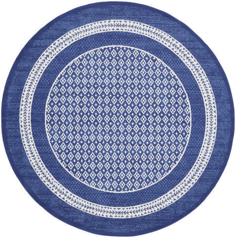 5' Ivory and Navy Blue Geometric Distressed Round Rug