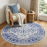 5' Ivory and Navy Blue Geometric Distressed Round Rug