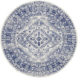 5' Ivory and Navy Blue Geometric Distressed Round Rug