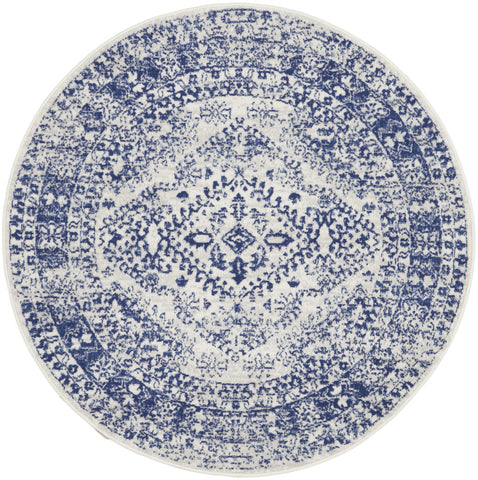 5' Ivory and Navy Blue Geometric Distressed Round Rug