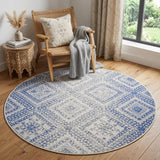 5' Ivory and Blue Geometric Distressed Round Rug