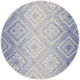 5' Ivory and Blue Geometric Distressed Round Rug