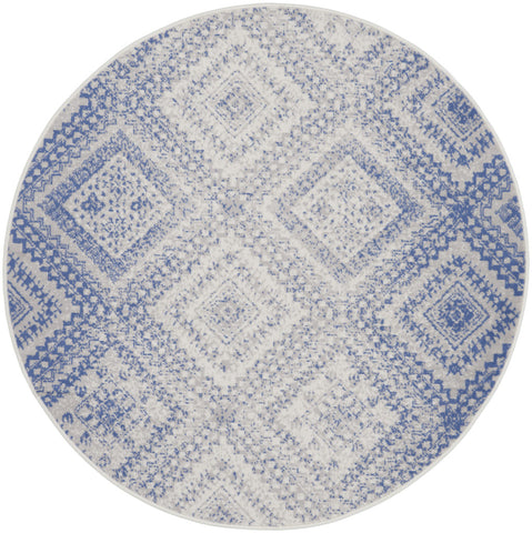 5' Ivory and Blue Geometric Distressed Round Rug