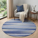 5' Ivory Tan and Blue Striped Round Rug