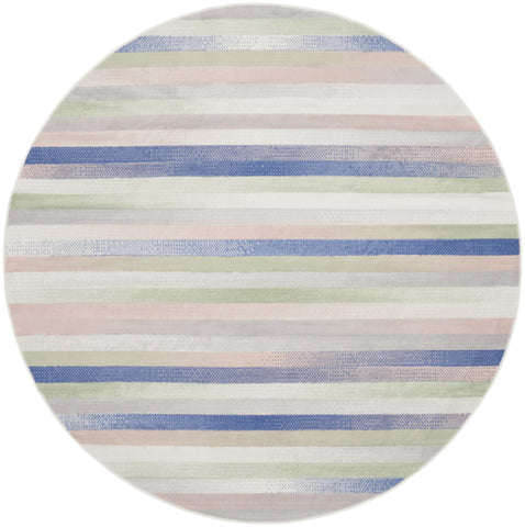 5' Ivory Tan and Blue Striped Round Rug