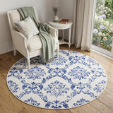 5' Ivory and Navy Blue Damask Distressed Round Rug