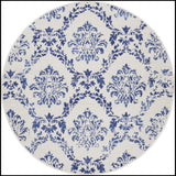 5' Ivory and Navy Blue Damask Distressed Round Rug