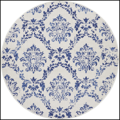 5' Ivory and Navy Blue Damask Distressed Round Rug