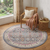 4' Ivory Pink And Gray Floral Distressed Round Rug