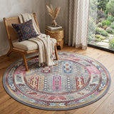4' Ivory Gray And Red Floral Distressed Round Rug