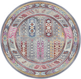 4' Ivory Gray And Red Floral Distressed Round Rug
