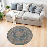 4' Blue And Beige Floral Distressed Round Rug