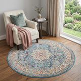 4' Blue And Beige Floral Distressed Round Rug