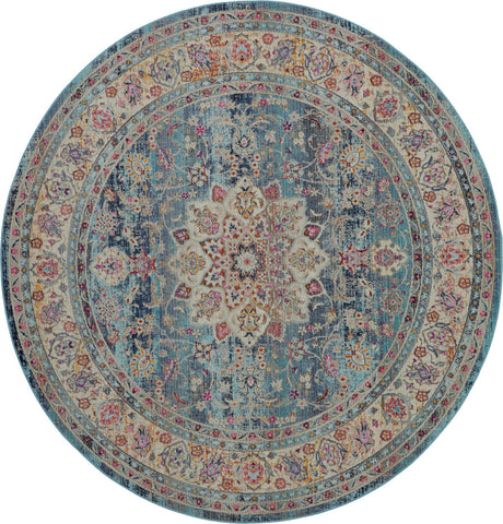 4' Blue And Beige Floral Distressed Round Rug