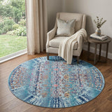 4' Blue Red And Orange Floral Distressed Round Rug