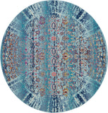 4' Blue Red And Orange Floral Distressed Round Rug