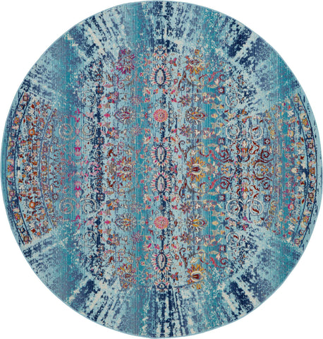 4' Blue Red And Orange Floral Distressed Round Rug
