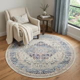 4' Ivory Blue And Orange Floral Distressed Round Rug