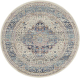 4' Ivory Blue And Orange Floral Distressed Round Rug