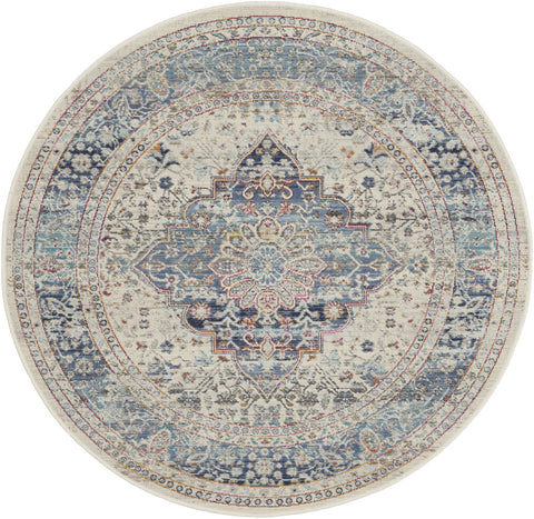 4' Ivory Blue And Orange Floral Distressed Round Rug