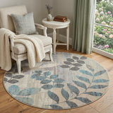 4' Ivory Gray And Blue Botanical Leaves Round Rug